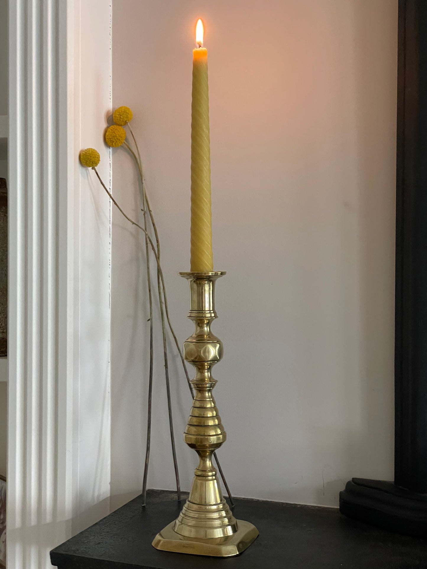 Unique pair of antique English Victorian 19th Century brass candlesticks stamped with Registration Design 223580 with 2 matching 100% London Beeswax candles