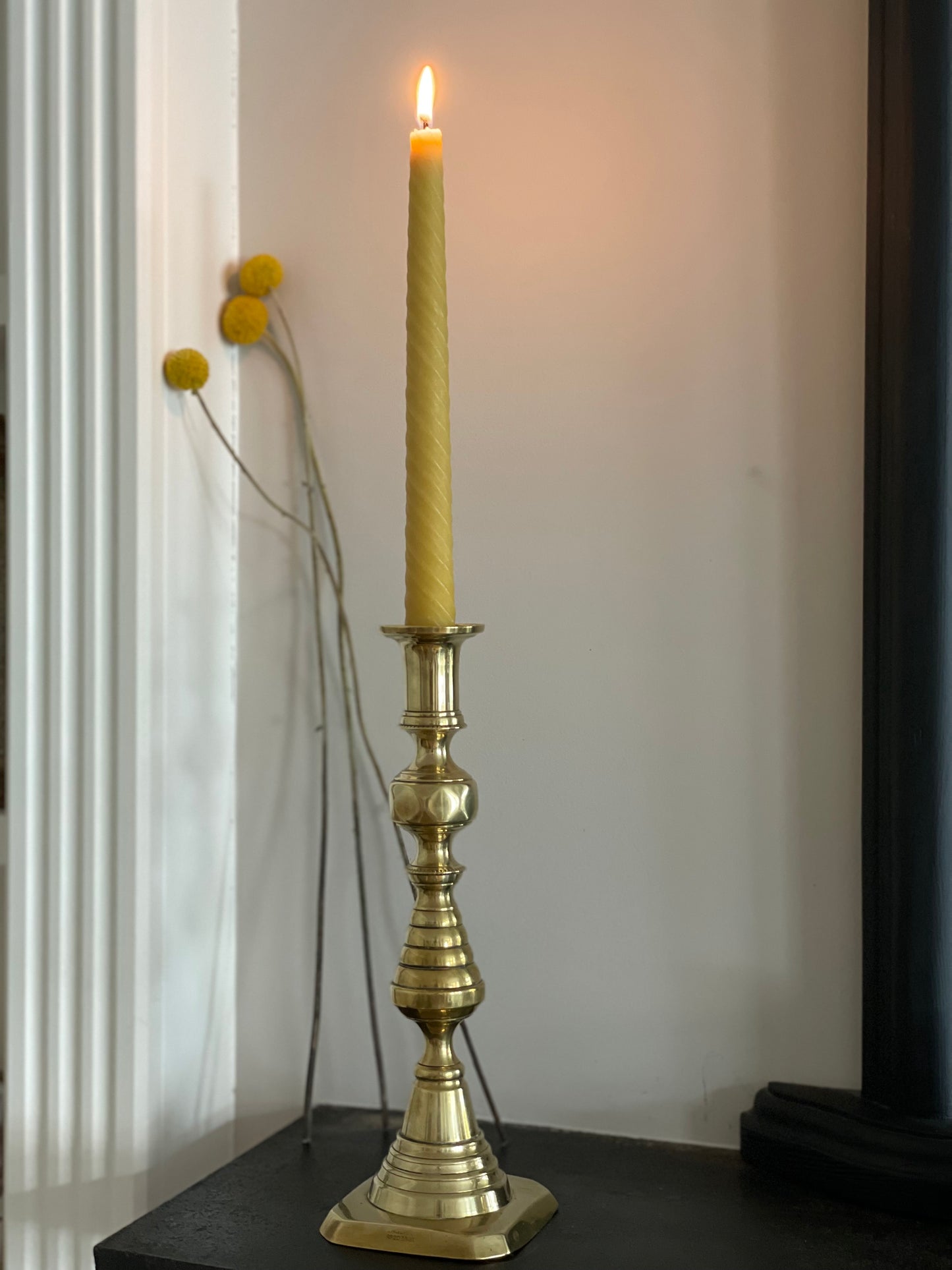 Unique pair of antique English Victorian 19th Century brass candlesticks stamped with Registration Design 223580 with 2 matching 100% London Beeswax candles