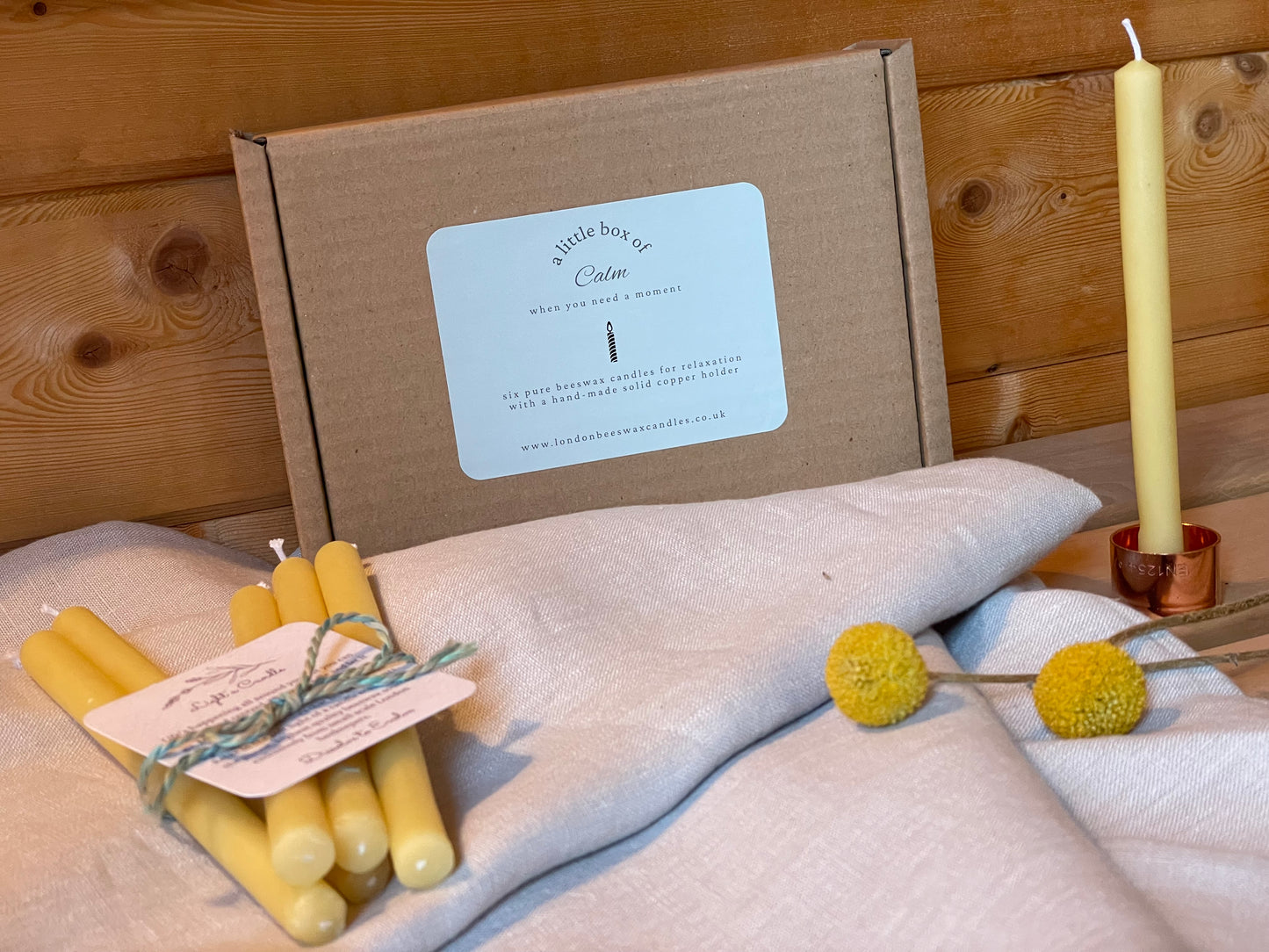 Relax and unwind pure beeswax candle gift set.  6 beeswax candles with solid copper holder. Pure beeswax meditation candles. Calming and relaxing candle set. Candles made from 100% pure beeswax sourced from small-scale London beekeepers. Friendship gift