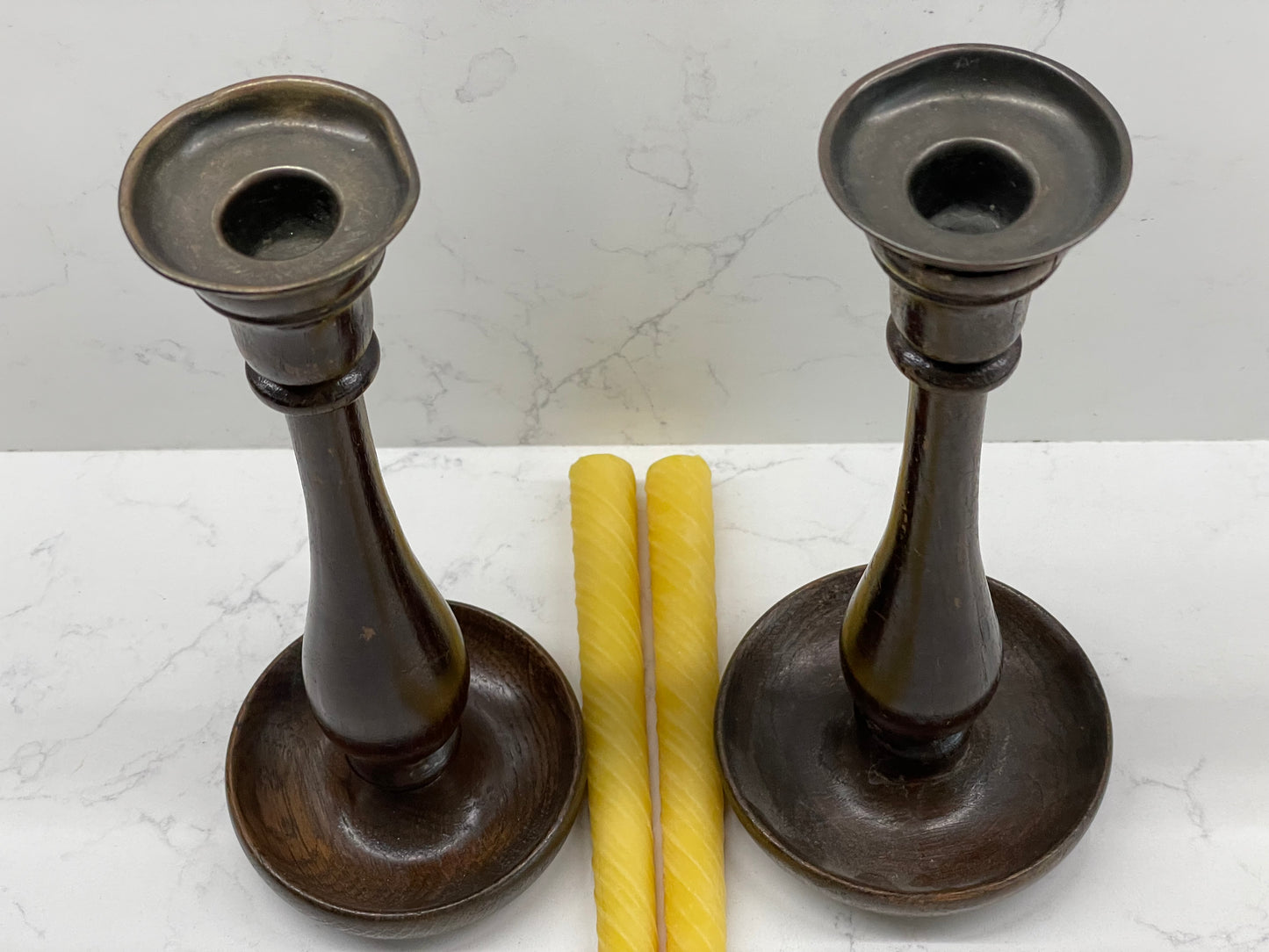 Two beautiful pairs of vintage hand turned oak candlesticks. Barley twist and baluster column style candlesticks with dinner candle gift set. Eco beeswax candle gift. Unique gift set. Vintage oak and brass candle sticks. Mantel candlesticks.