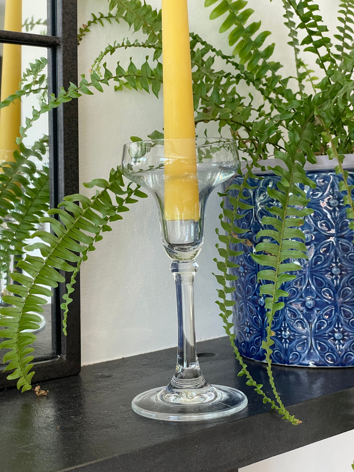 Elegant vintage glass candlestick with 2 matching pure London beeswax candle. Summer dining. Summer tablescapes. Stunning vintage gift. Dinner candle gift set. Eco beeswax candle gift. Mantel candlestick.