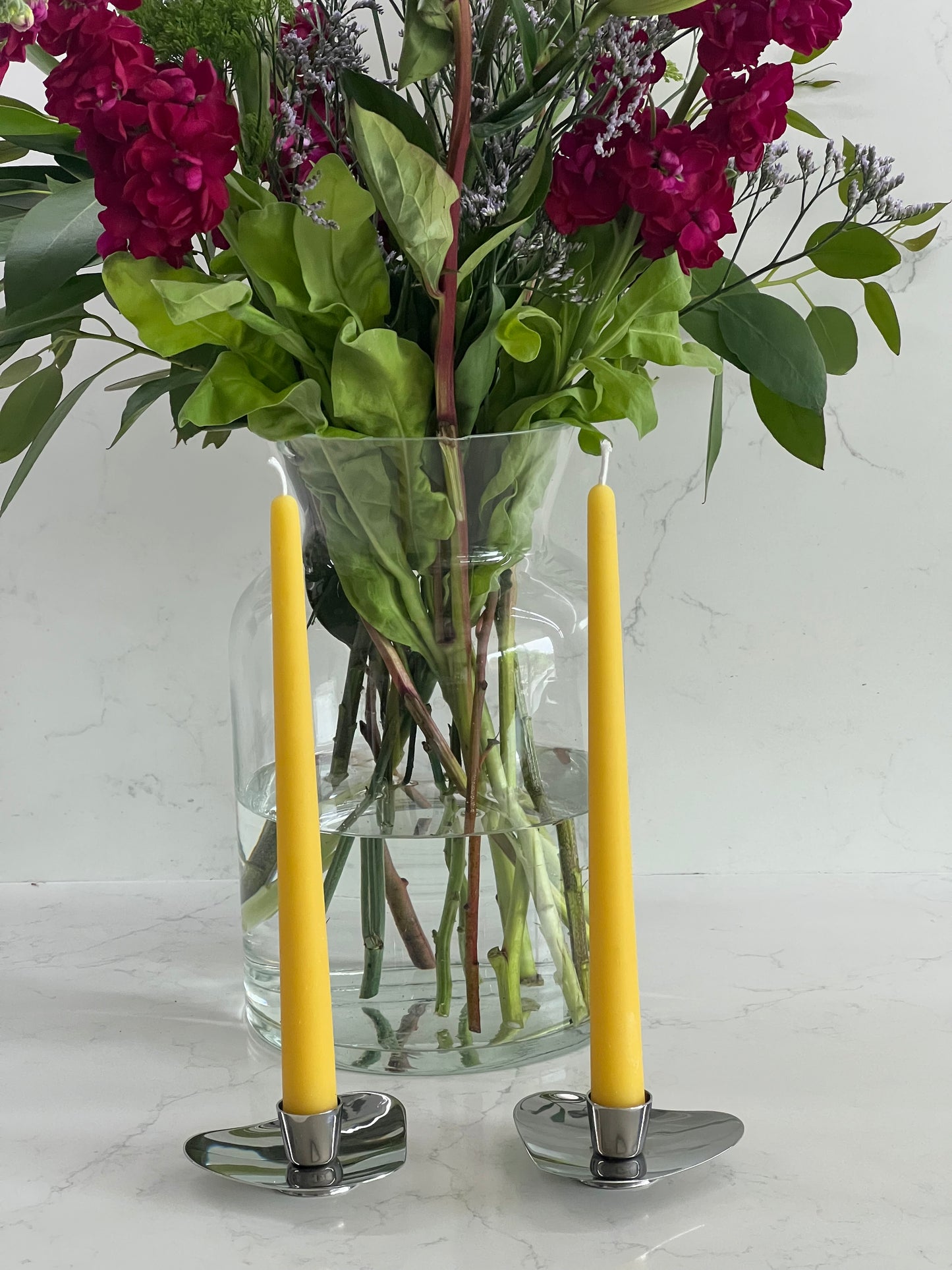 A stunning pair of stainless steel mid-century modern candlestick holders by Robert Welch for Old Hall from 1958. Vintage candlestick holders with 2 matching pure London beeswax candles. Dinner candle gift set. Eco beeswax candle gift. Unique gift set