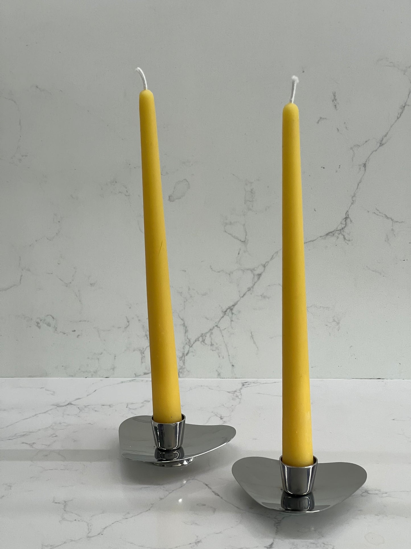 A stunning pair of stainless steel mid-century modern candlestick holders by Robert Welch for Old Hall from 1958. Vintage candlestick holders with 2 matching pure London beeswax candles. Dinner candle gift set. Eco beeswax candle gift. Unique gift set
