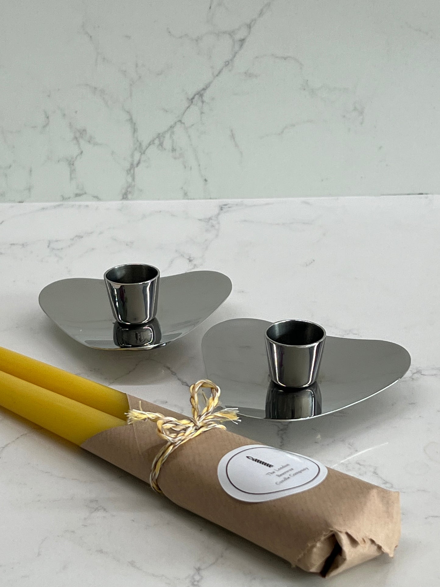 A stunning pair of stainless steel mid-century modern candlestick holders by Robert Welch for Old Hall from 1958. Vintage candlestick holders with 2 matching pure London beeswax candles. Dinner candle gift set. Eco beeswax candle gift. Unique gift set