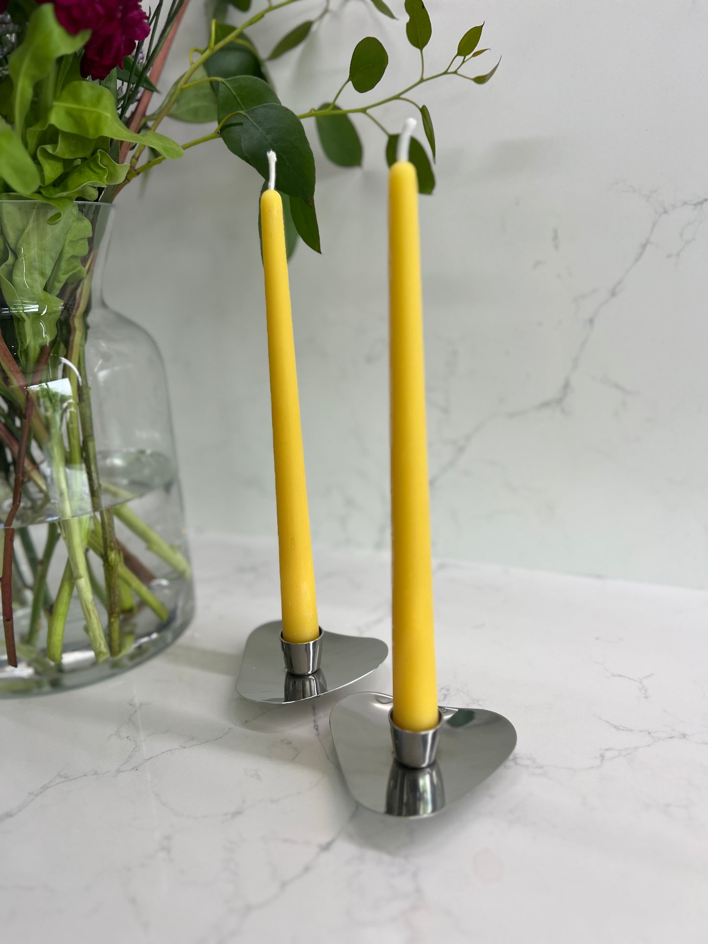 A stunning pair of stainless steel mid-century modern candlestick holders by Robert Welch for Old Hall from 1958. Vintage candlestick holders with 2 matching pure London beeswax candles. Dinner candle gift set. Eco beeswax candle gift. Unique gift set