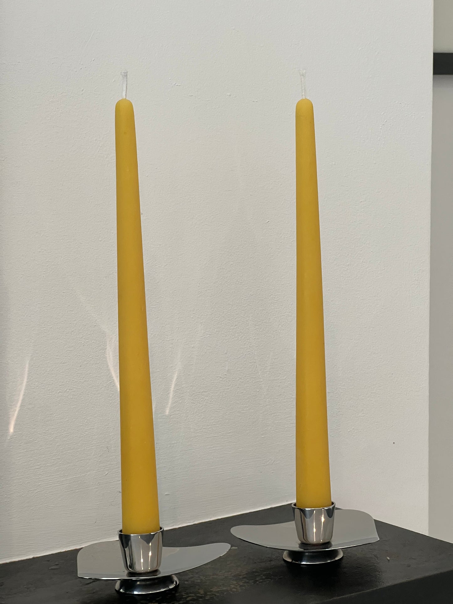 A stunning pair of stainless steel mid-century modern candlestick holders by Robert Welch for Old Hall from 1958. Vintage candlestick holders with 2 matching pure London beeswax candles. Dinner candle gift set. Eco beeswax candle gift. Unique gift set