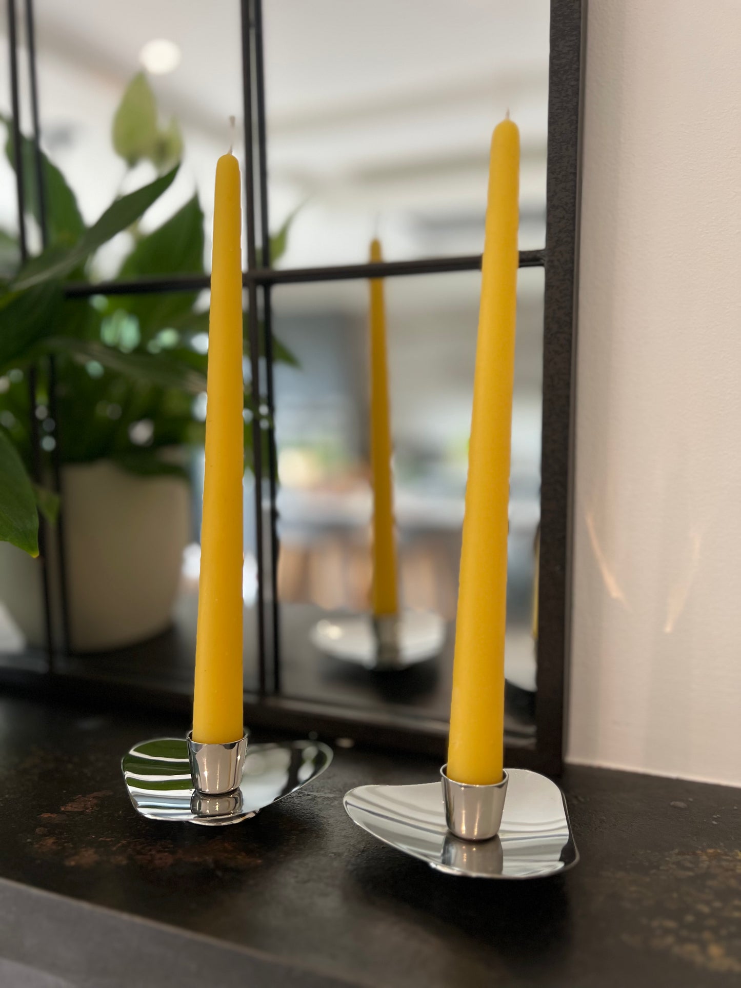 A stunning pair of stainless steel mid-century modern candlestick holders by Robert Welch for Old Hall from 1958. Vintage candlestick holders with 2 matching pure London beeswax candles. Dinner candle gift set. Eco beeswax candle gift. Unique gift set