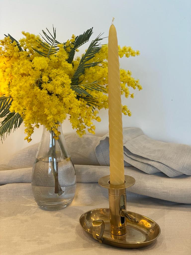 Four beautiful vintage chamber candlestick holder with 2 matching pure London beeswax candle. Vintage wee willie winkie gift. Dinner candle gift set. Eco beeswax candle gift. Unique gift set. Mantel candlesticks.