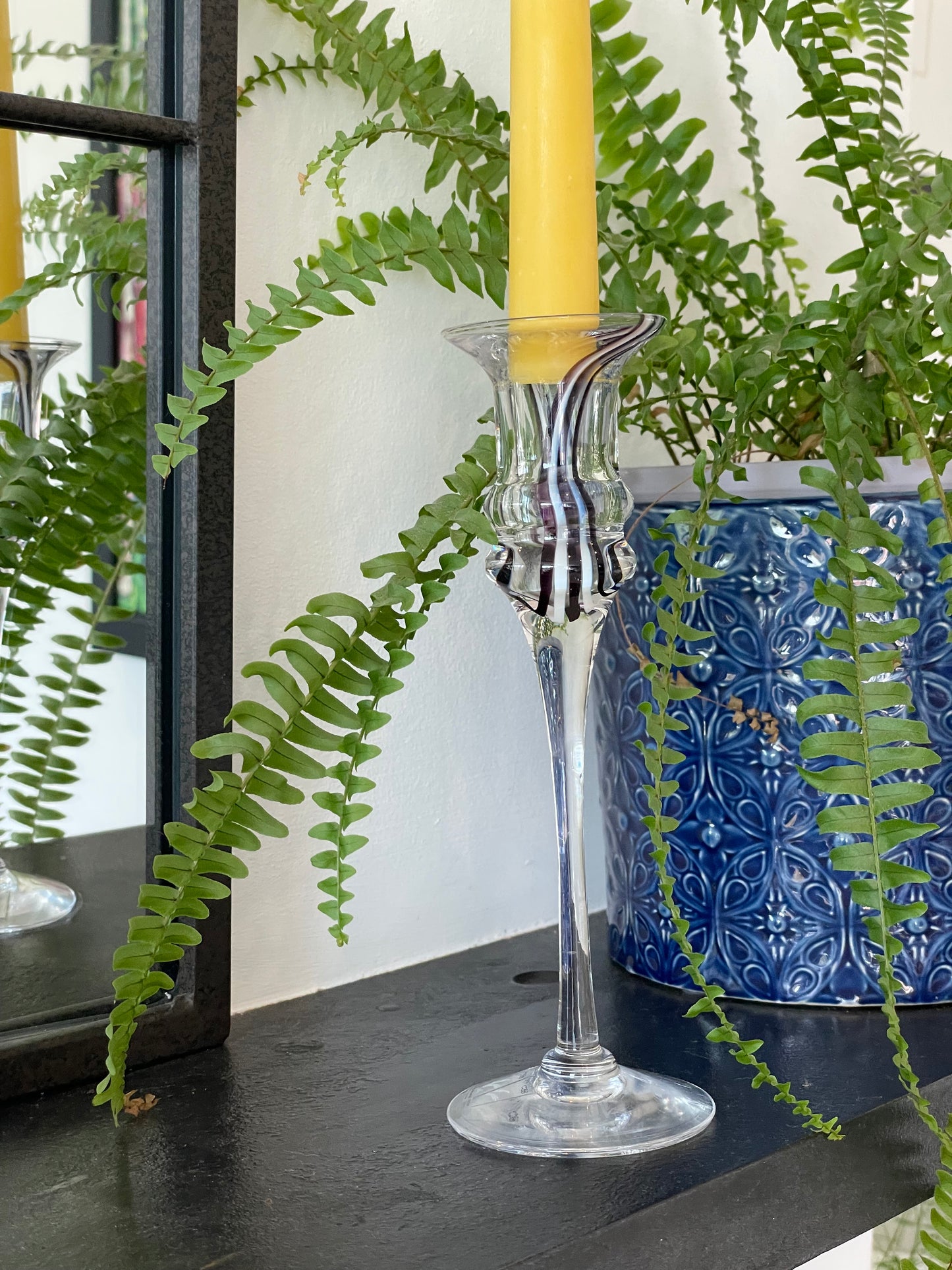 Handmade English lead crystal vintage glass candlestick with 2 matching pure London beeswax candle. Summer dining. Summer tablescapes. Stunning vintage gift. Dinner candle gift set. Eco beeswax candle gift. Mantel candlestick.