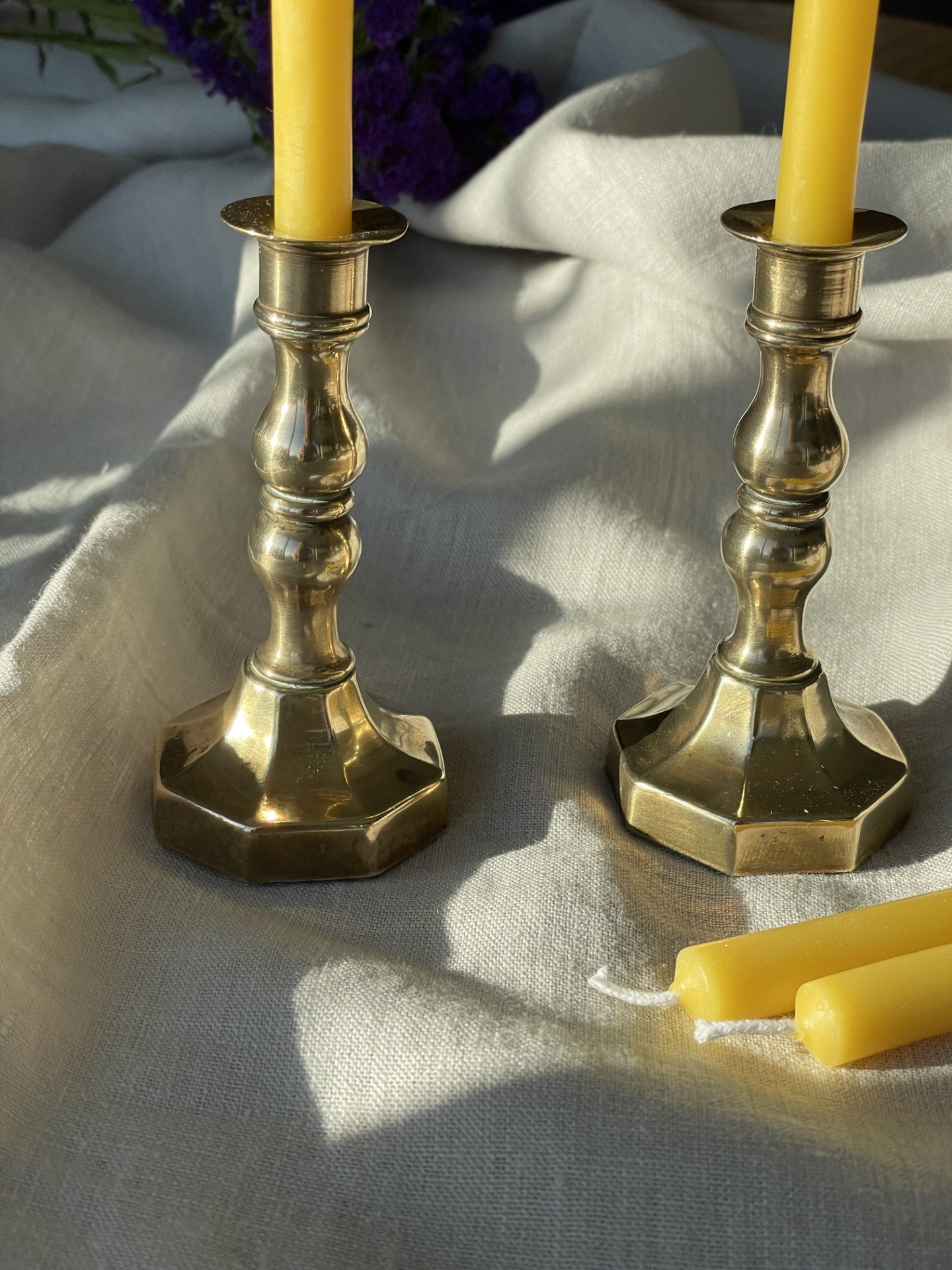 A beautiful pair of antique brass small candlestick holders with dinner candle gift set, Vintage brass, Beeswax candle, Unique gift, No8011, Vintage brass decor, Thin beeswax taper candles, Hygge