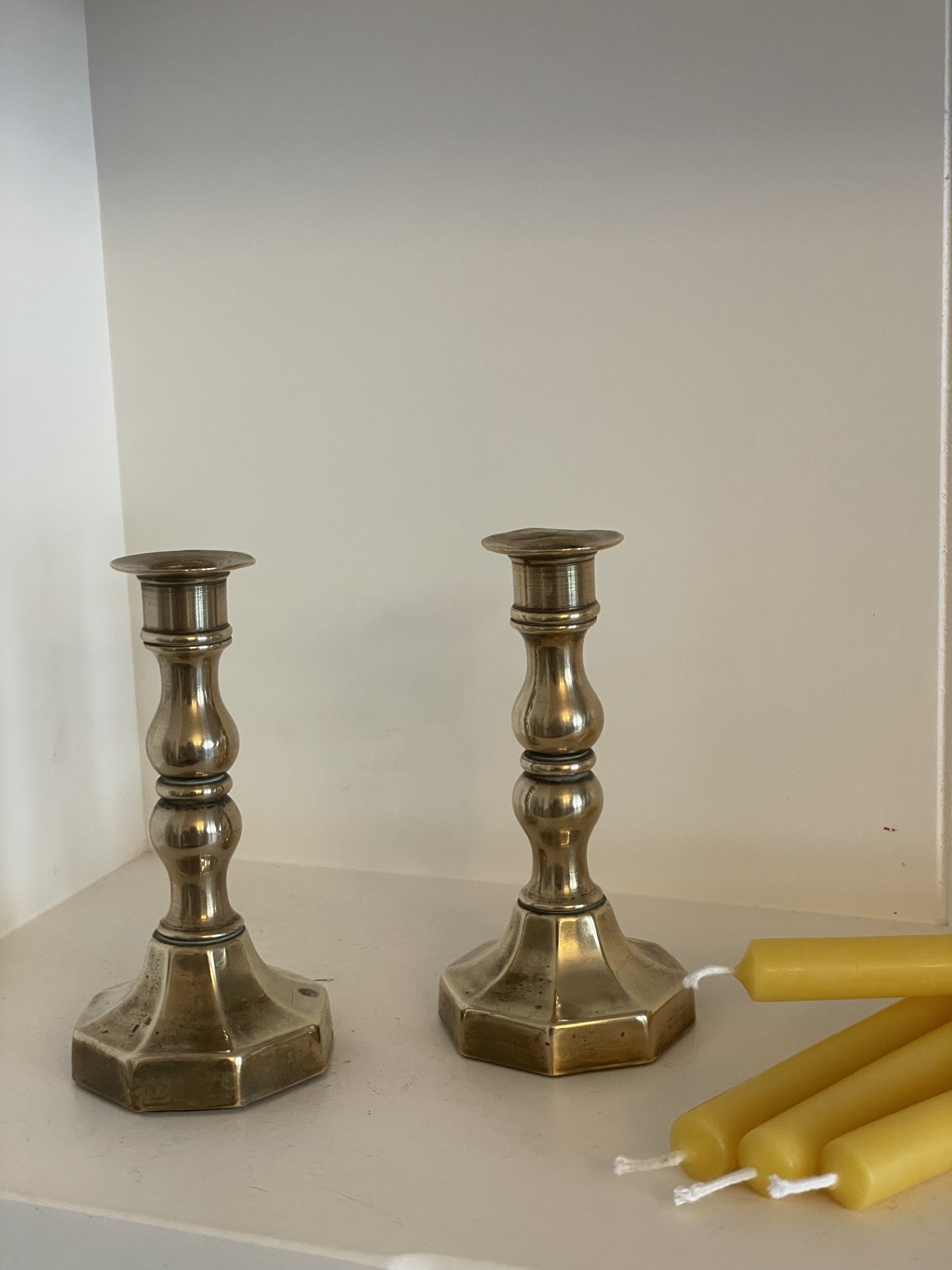 A beautiful pair of antique brass small candlestick holders with dinner candle gift set, Vintage brass, Beeswax candle, Unique gift, No8011, Vintage brass decor, Thin beeswax taper candles, Hygge
