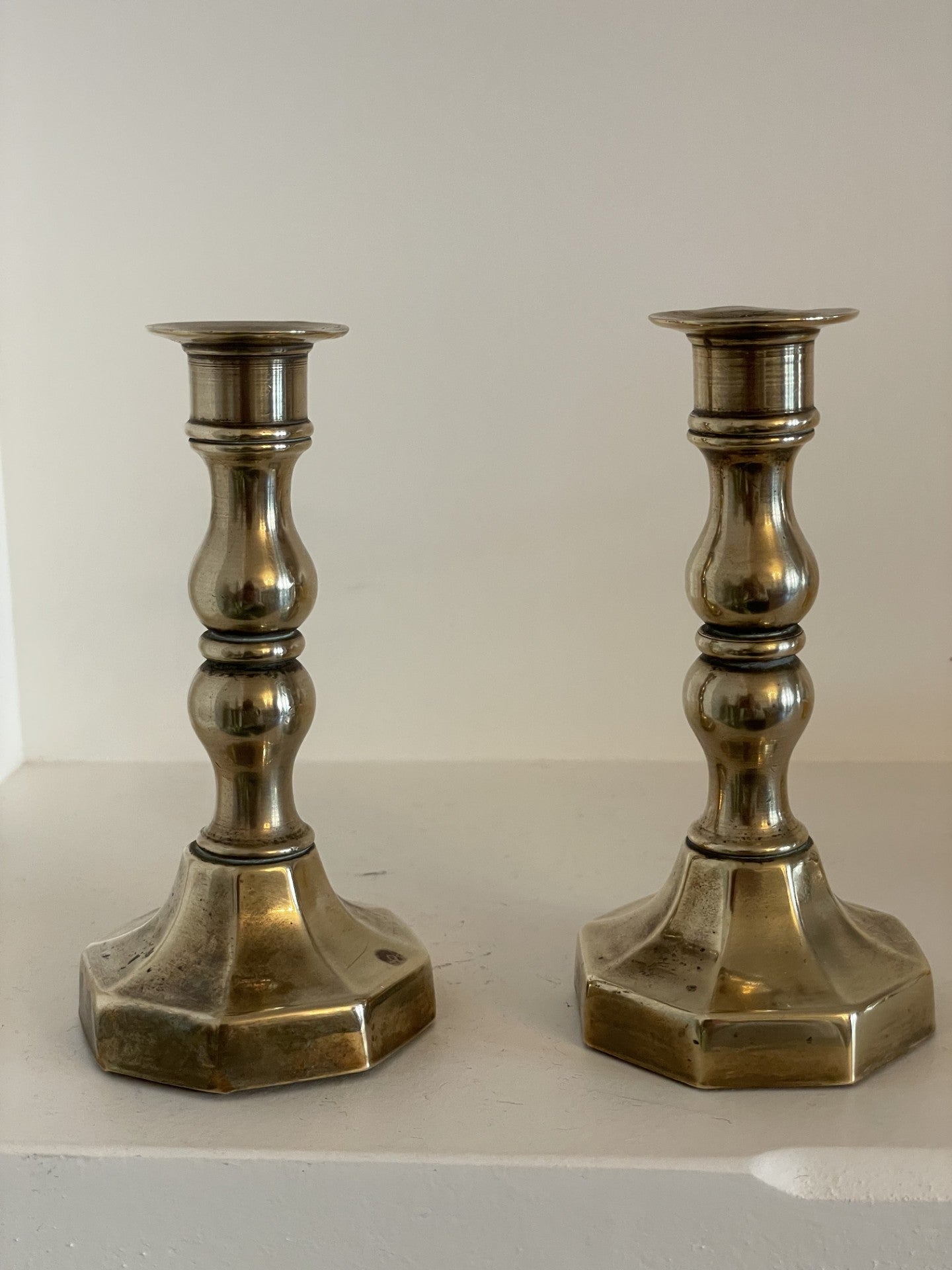A beautiful pair of antique brass small candlestick holders with dinner candle gift set, Vintage brass, Beeswax candle, Unique gift, No8011, Vintage brass decor, Thin beeswax taper candles, Hygge