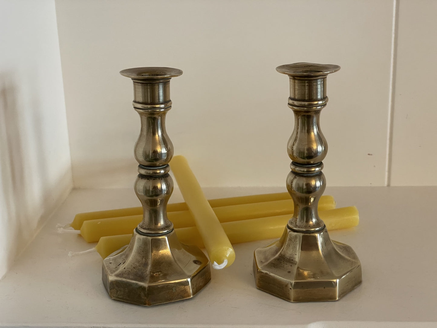 A beautiful pair of antique brass small candlestick holders with dinner candle gift set, Vintage brass, Beeswax candle, Unique gift, No8011, Vintage brass decor, Thin beeswax taper candles, Hygge