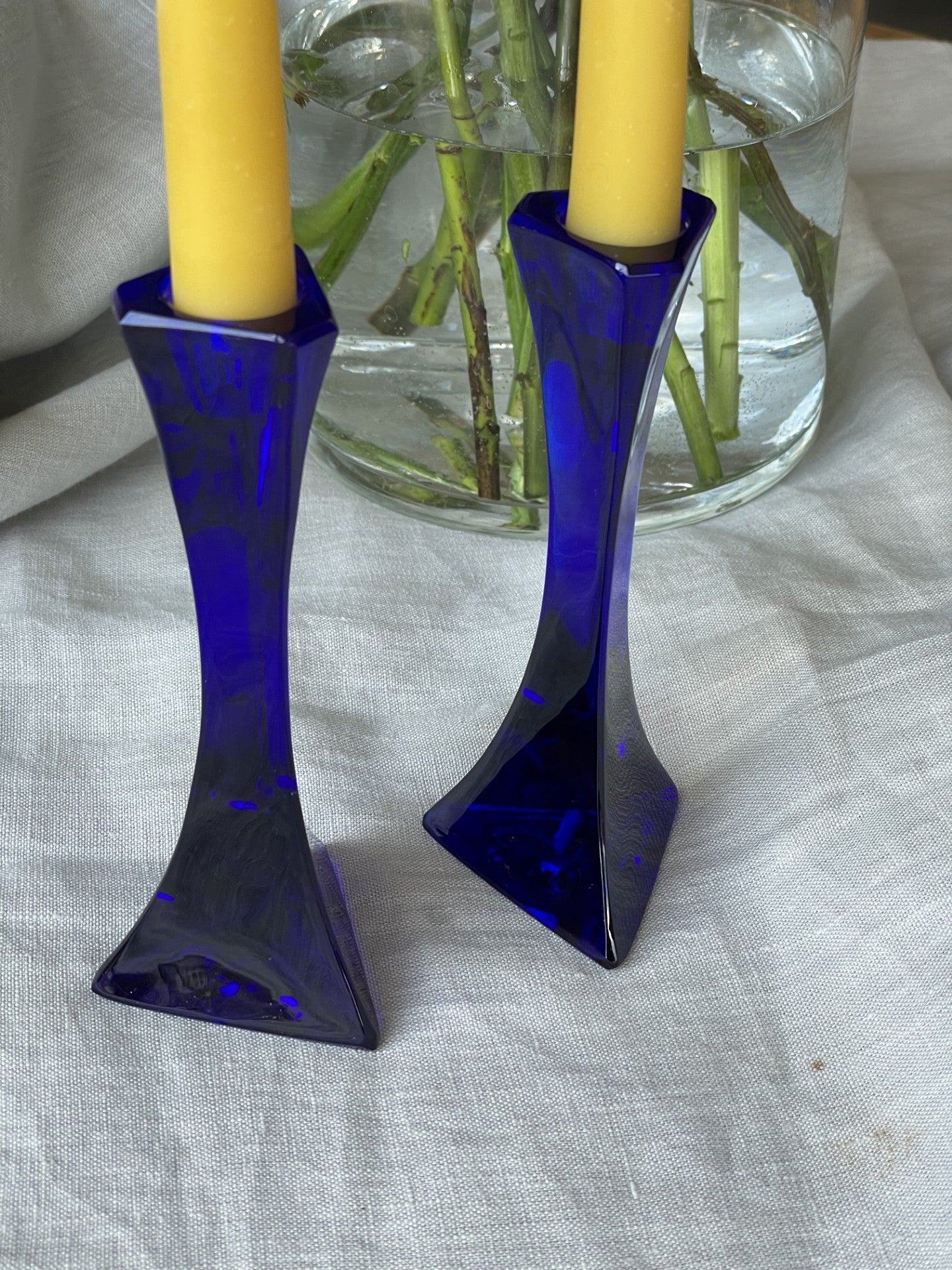 Pair of cobalt blue glass art deco candlestick holders with matching beeswax dinner candle gift set, Vintage/retro glass candle gift set, Scandi charm, Unique wedding/mother's day gift