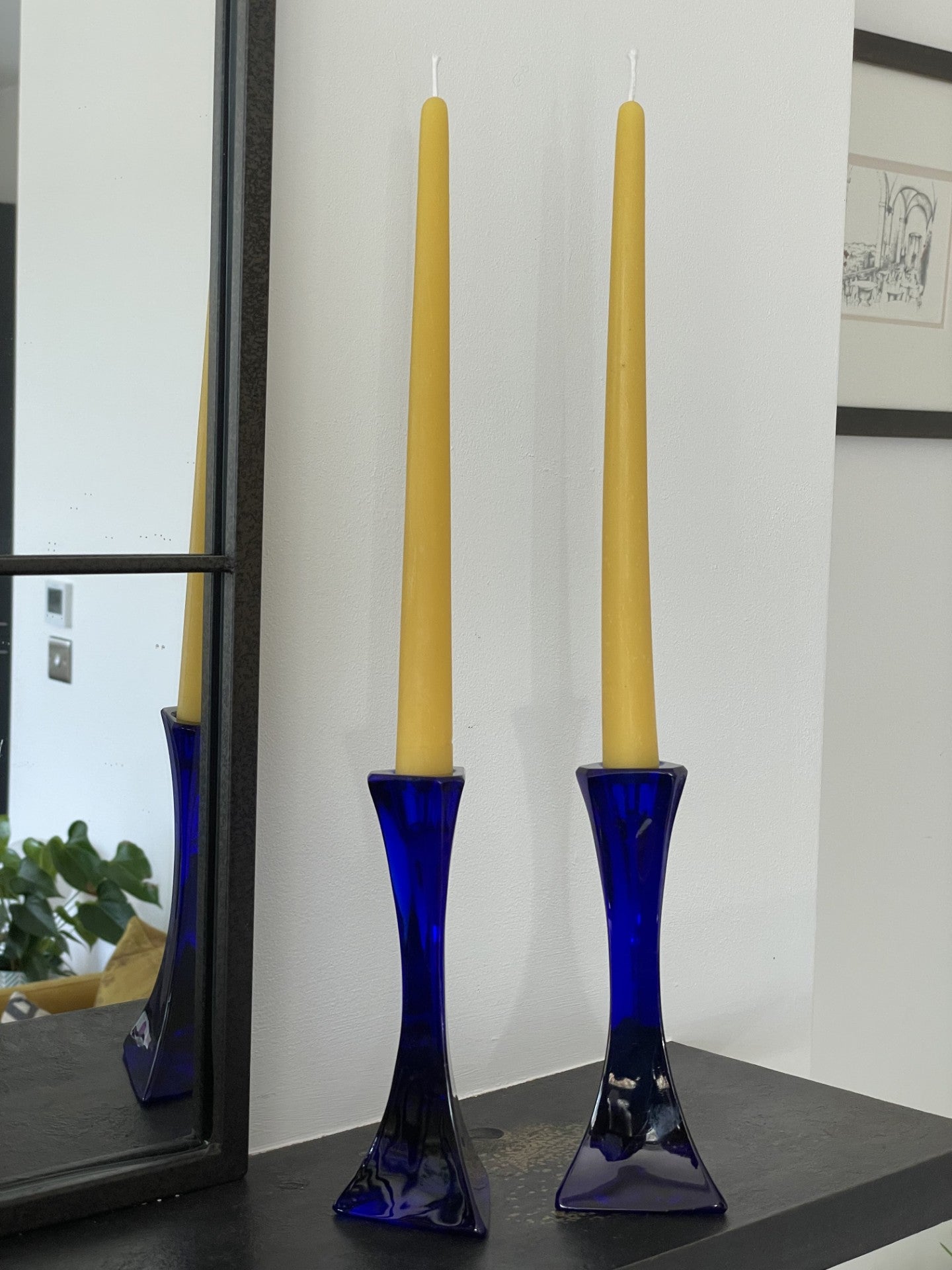 Pair of cobalt blue glass art deco candlestick holders with matching beeswax dinner candle gift set, Vintage/retro glass candle gift set, Scandi charm, Unique wedding/mother's day gift
