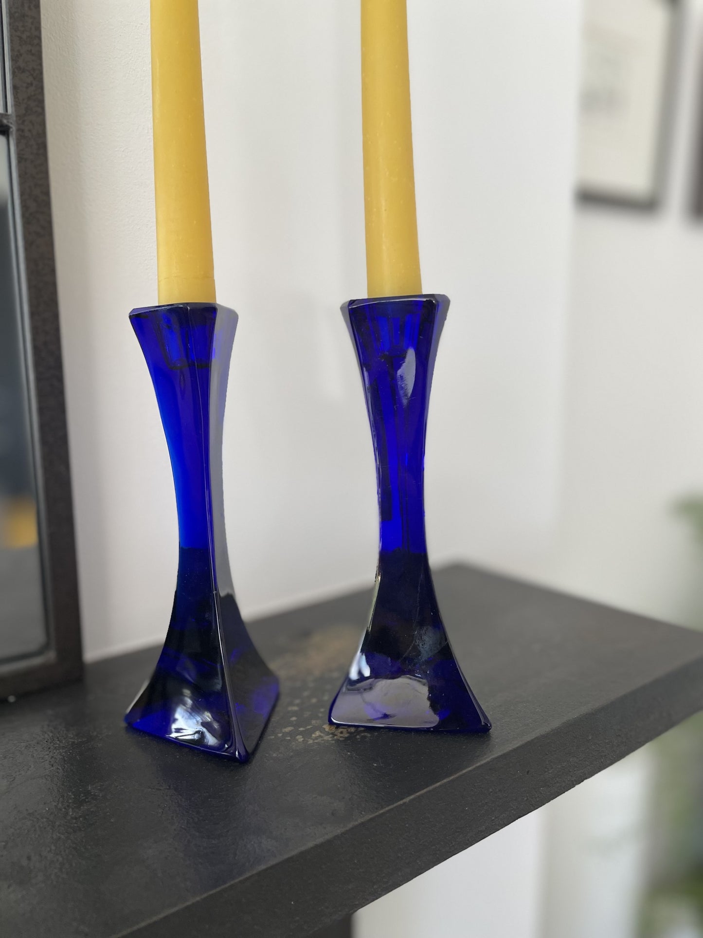 Pair of cobalt blue glass art deco candlestick holders with matching beeswax dinner candle gift set, Vintage/retro glass candle gift set, Scandi charm, Unique wedding/mother's day gift