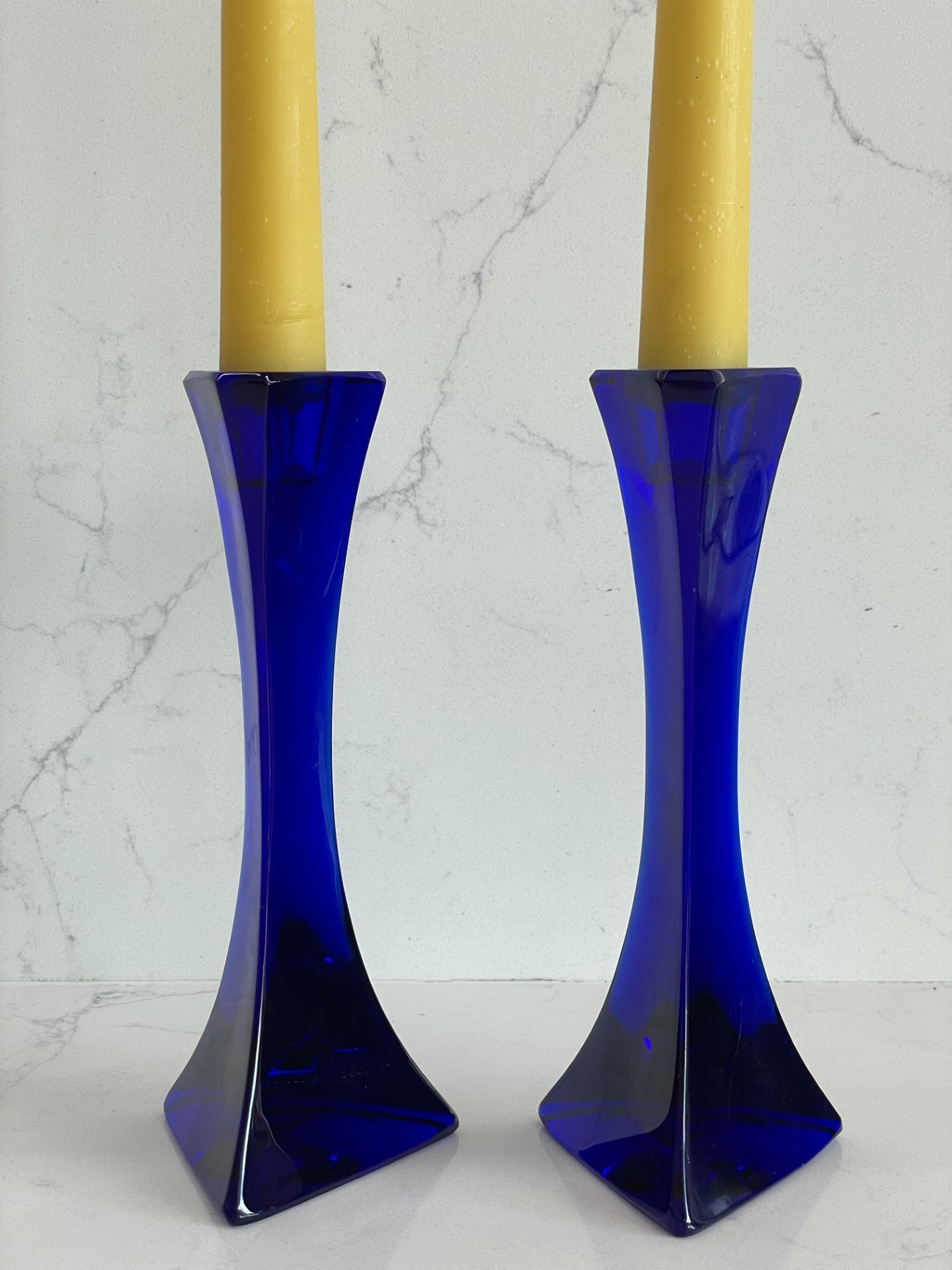 Pair of cobalt blue glass art deco candlestick holders with matching beeswax dinner candle gift set, Vintage/retro glass candle gift set, Scandi charm, Unique wedding/mother's day gift