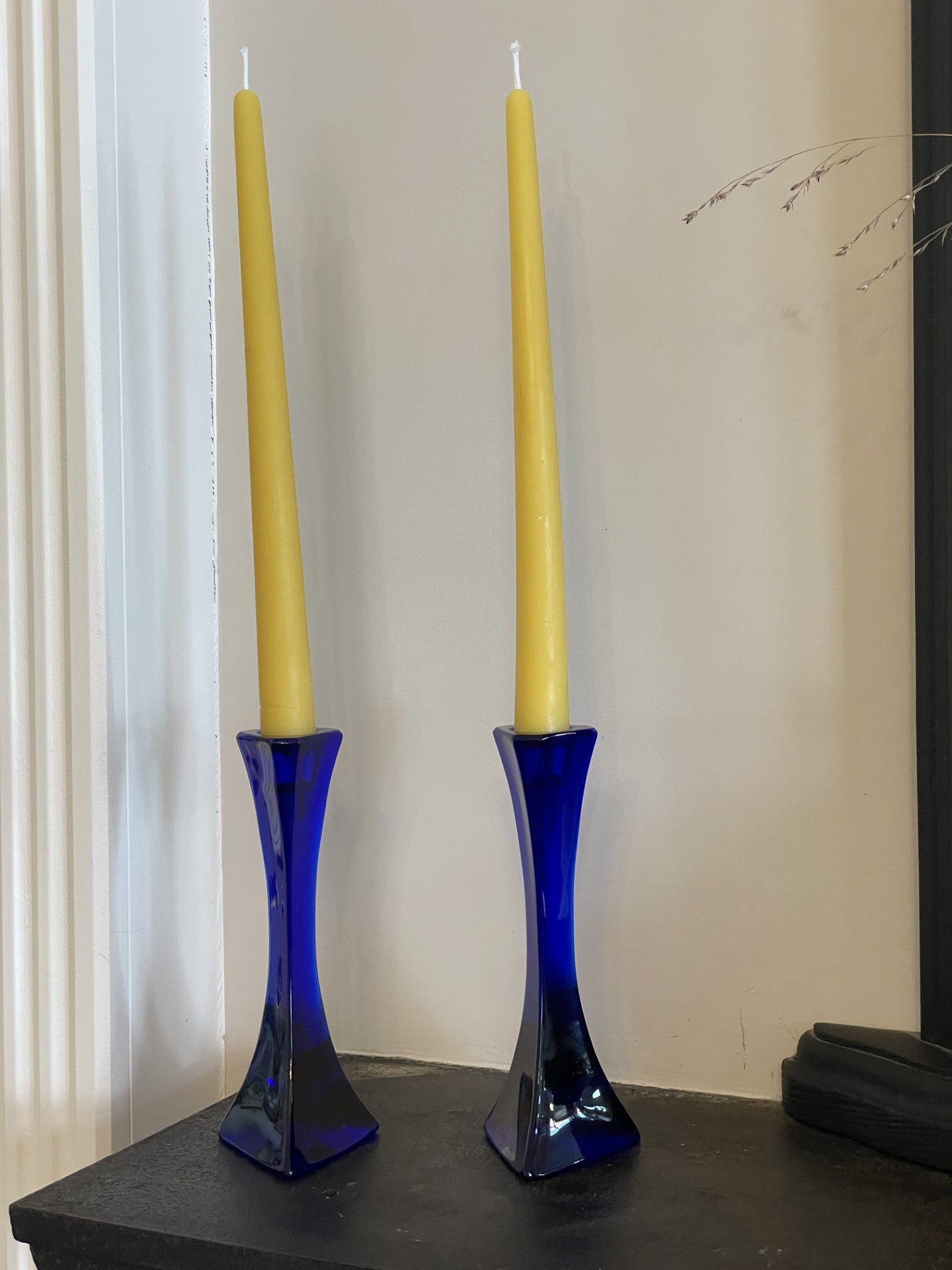 Pair of cobalt blue glass art deco candlestick holders with matching beeswax dinner candle gift set, Vintage/retro glass candle gift set, Scandi charm, Unique wedding/mother's day gift