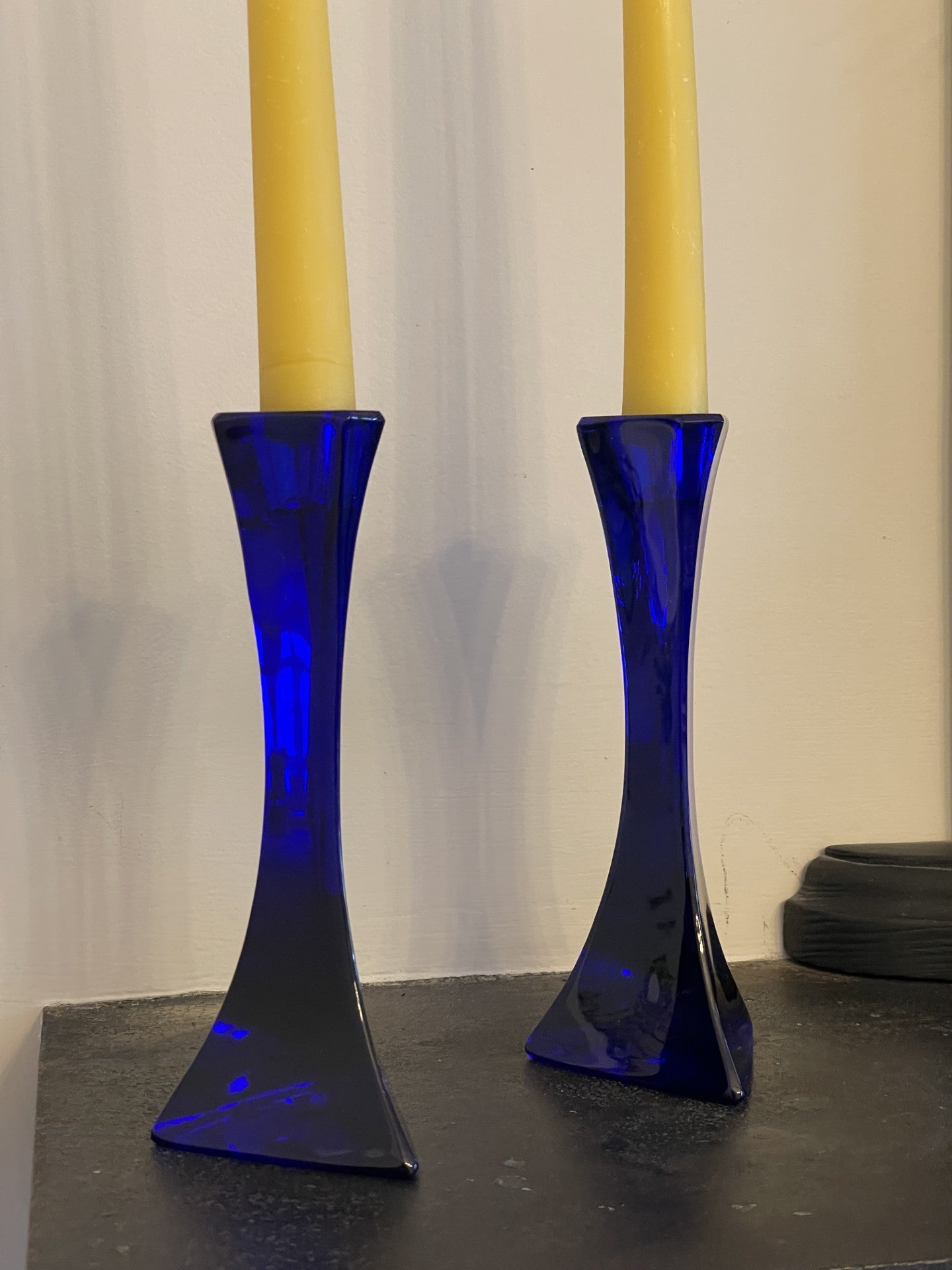 Pair of cobalt blue glass art deco candlestick holders with matching beeswax dinner candle gift set, Vintage/retro glass candle gift set, Scandi charm, Unique wedding/mother's day gift