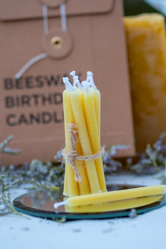 BEESWAX BIRTHDAY CANDLES with solid copper candle holder, Set of 10 Candles, Zero waste candles, Natural Celebratory Candles, Cake Candles, Clean & Healthy Candles, Smokeless & Dripless candles