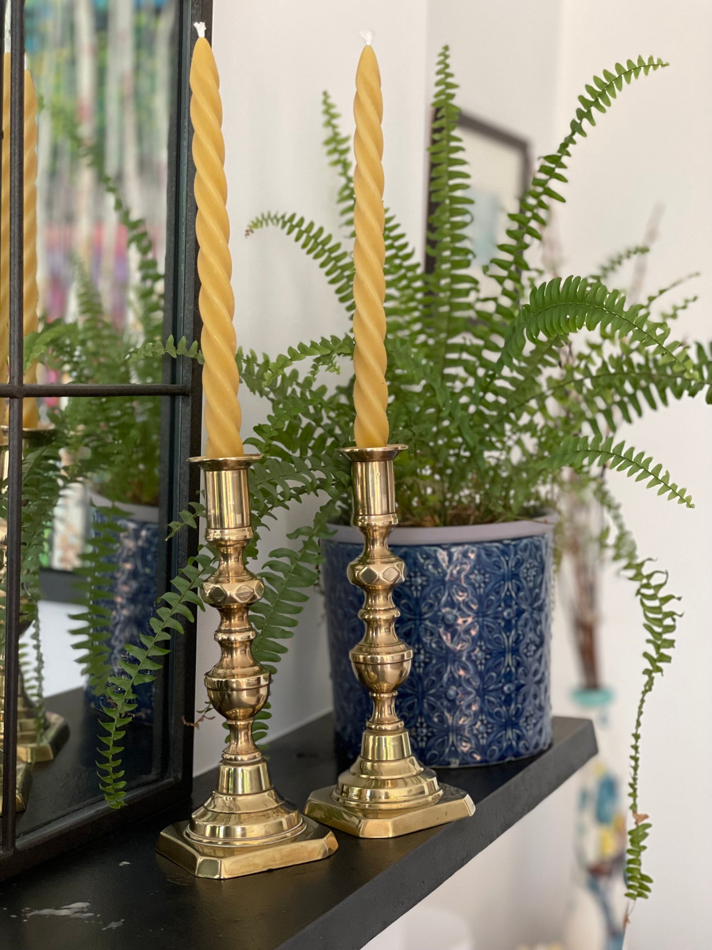 Beautiful pair of antique Victorian solid brass 8 inch candlesticks with matching 4 hand poured beeswax spiral dinner candles. Antique brass décor. Beeswax candle gift set.