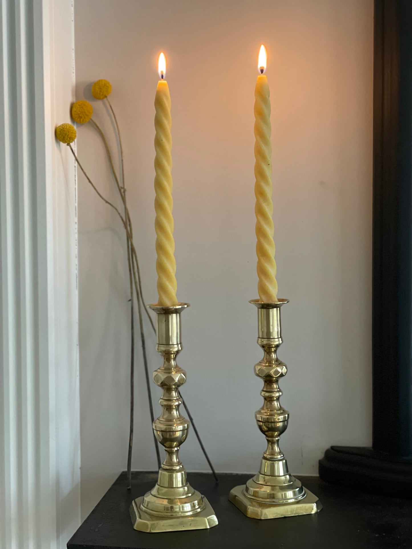 Beautiful pair of antique Victorian solid brass 8 inch candlesticks with matching 4 hand poured beeswax spiral dinner candles. Antique brass décor. Beeswax candle gift set.