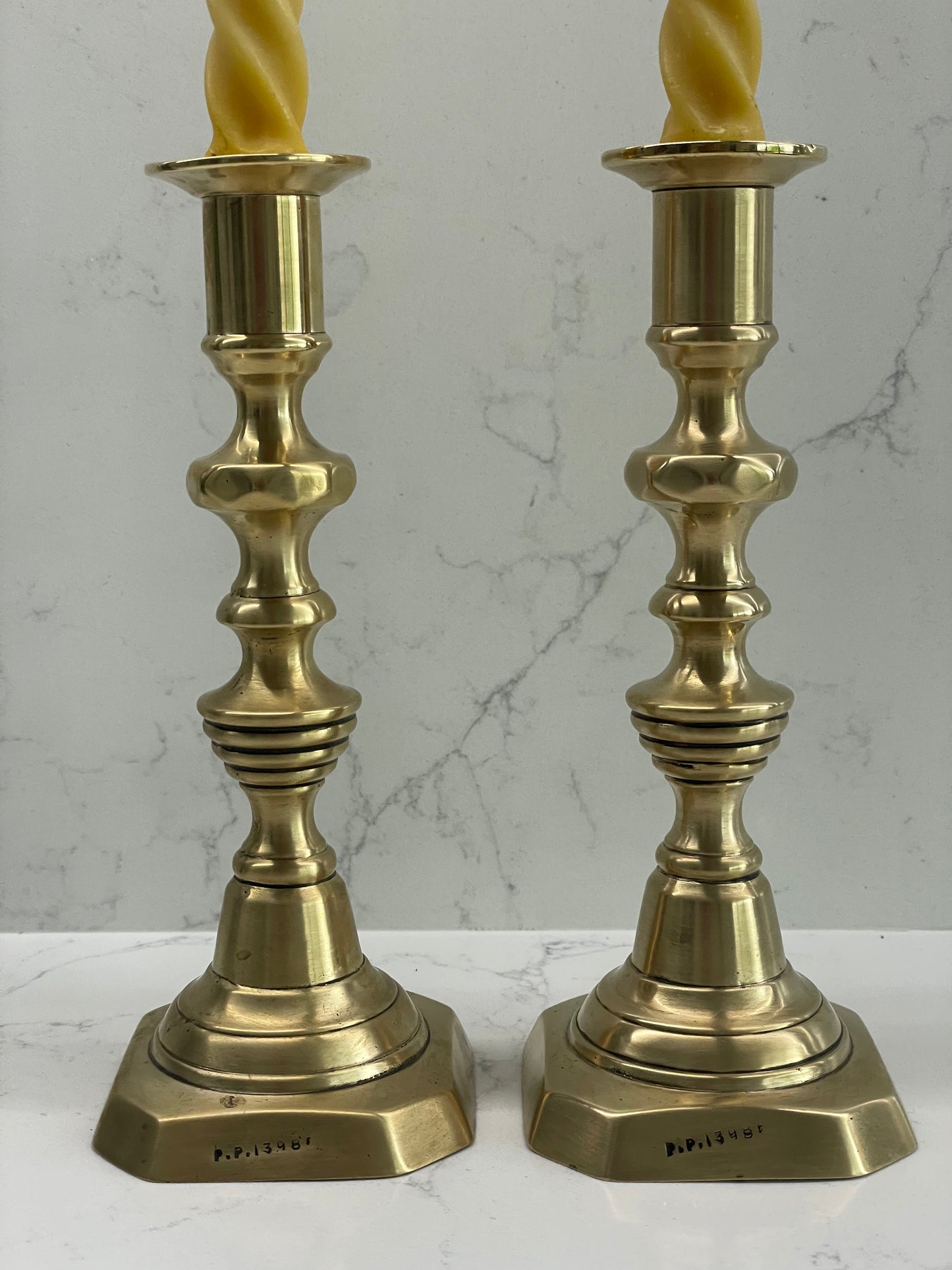 Beautiful pair of petite vintage brass candlesticks with square base. Classic Victorian beehive diamond style. Solid brass candlesticks 18cm. Candle gift