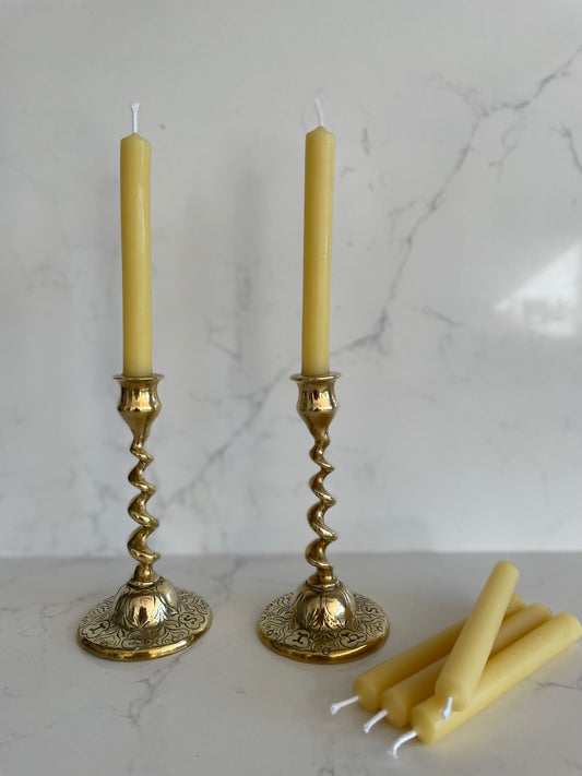 Beautiful vintage mini brass candlestick holders with dinner candle gift set. Ornate brass decor. Eco beeswax candle gift. Unique Christmas gift. Vintage small brass chamber sticks. Mantel candlesticks.