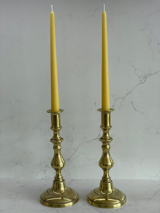 Pair of late 19th Century tall solid heavy brass candlesticks with 4 matching pure London beeswax candles, Antique brass decor, Candle gift, Vintage brass mantel candlesticks