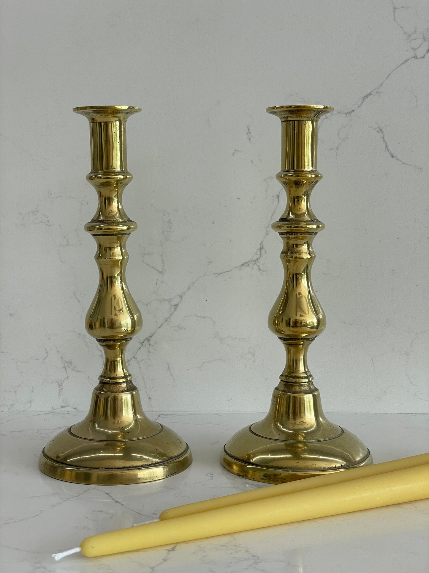 Pair of late 19th Century tall solid heavy brass candlesticks with 4 matching pure London beeswax candles, Antique brass decor, Candle gift, Vintage brass mantel candlesticks