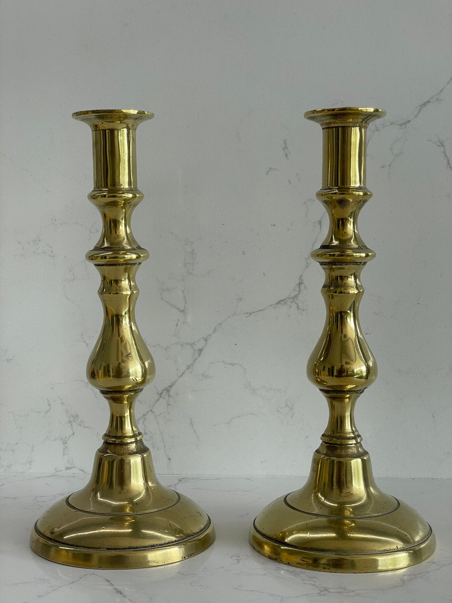 Pair of late 19th Century tall solid heavy brass candlesticks with 4 matching pure London beeswax candles, Antique brass decor, Candle gift, Vintage brass mantel candlesticks