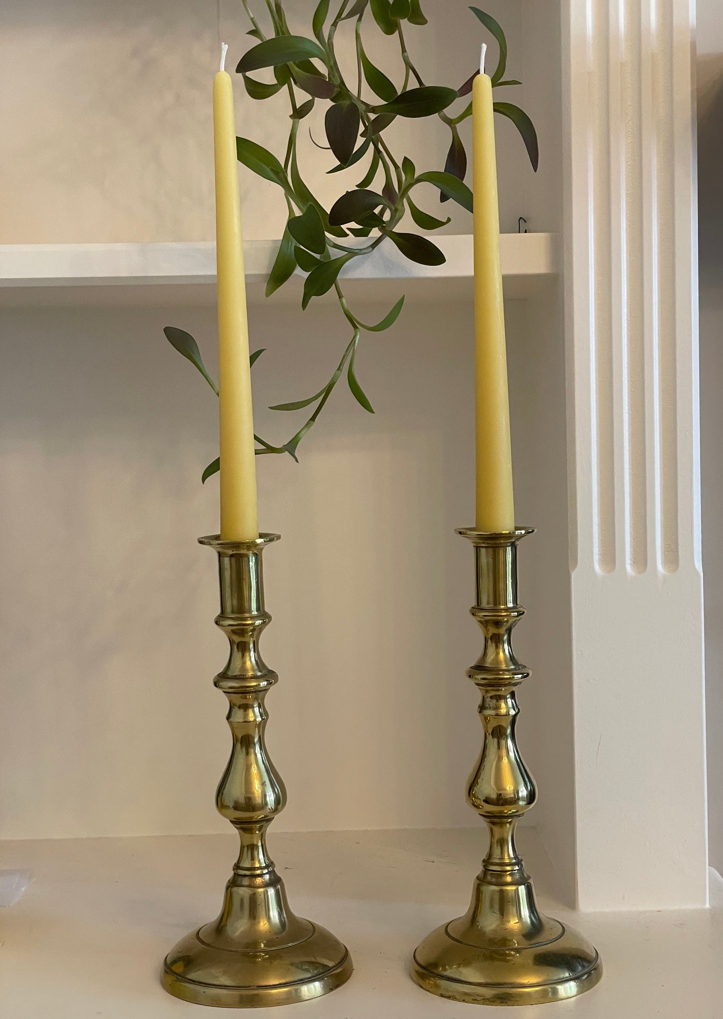 Pair of late 19th Century tall solid heavy brass candlesticks with 4 matching pure London beeswax candles, Antique brass decor, Candle gift, Vintage brass mantel candlesticks