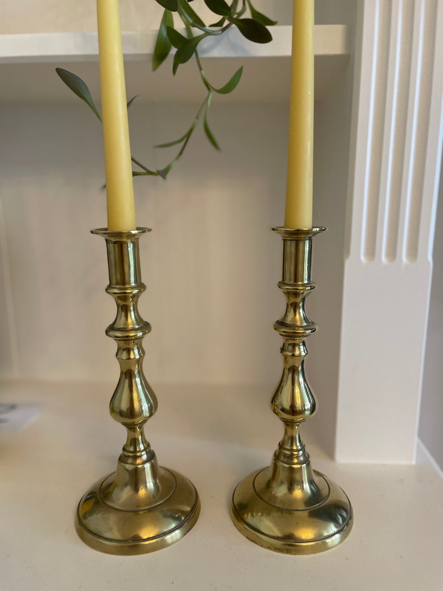 Pair of late 19th Century tall solid heavy brass candlesticks with 4 matching pure London beeswax candles, Antique brass decor, Candle gift, Vintage brass mantel candlesticks