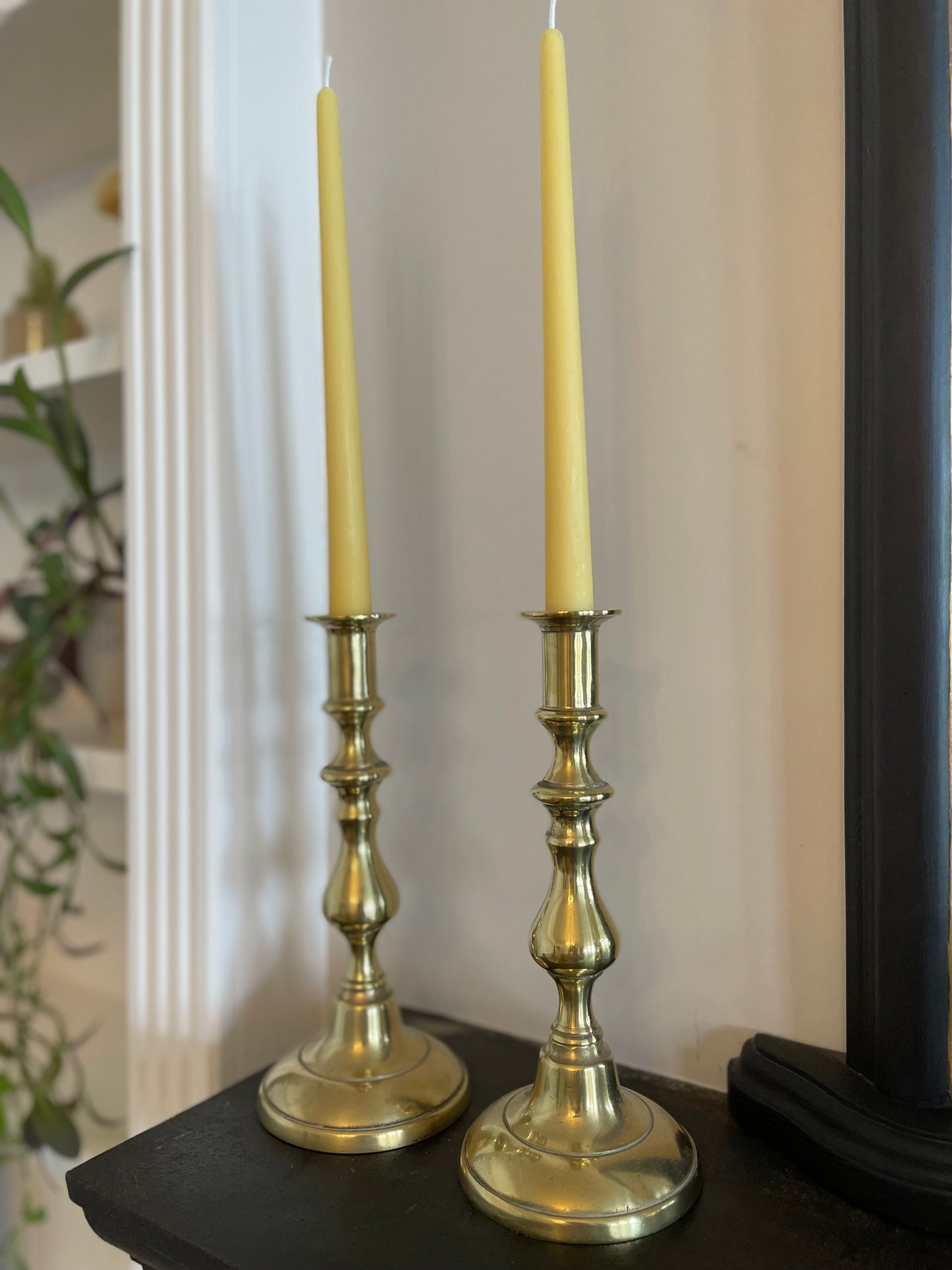 Pair of late 19th Century tall solid heavy brass candlesticks with 4 matching pure London beeswax candles, Antique brass decor, Candle gift, Vintage brass mantel candlesticks