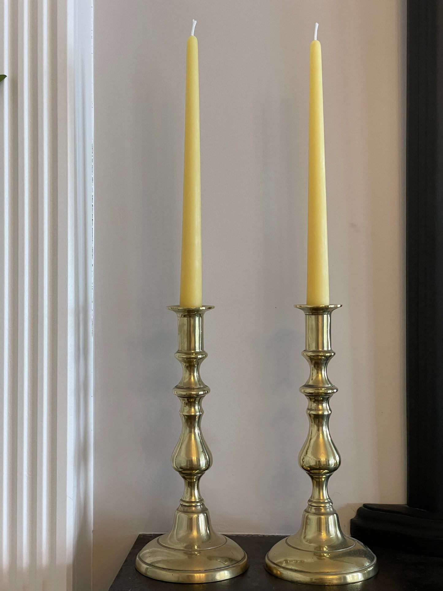 Pair of late 19th Century tall solid heavy brass candlesticks with 4 matching pure London beeswax candles, Antique brass decor, Candle gift, Vintage brass mantel candlesticks