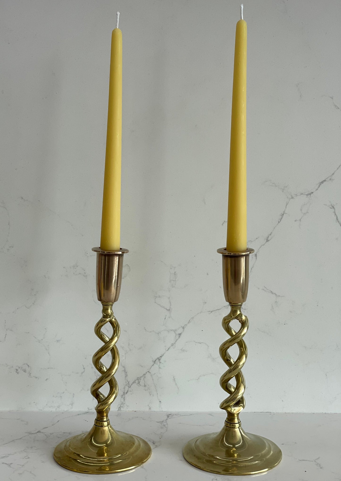 Beautiful pair of vintage brass open twist candlesticks with beeswax dinner candle gift set, Ornate brass décor, Candlelight, Christmas gift