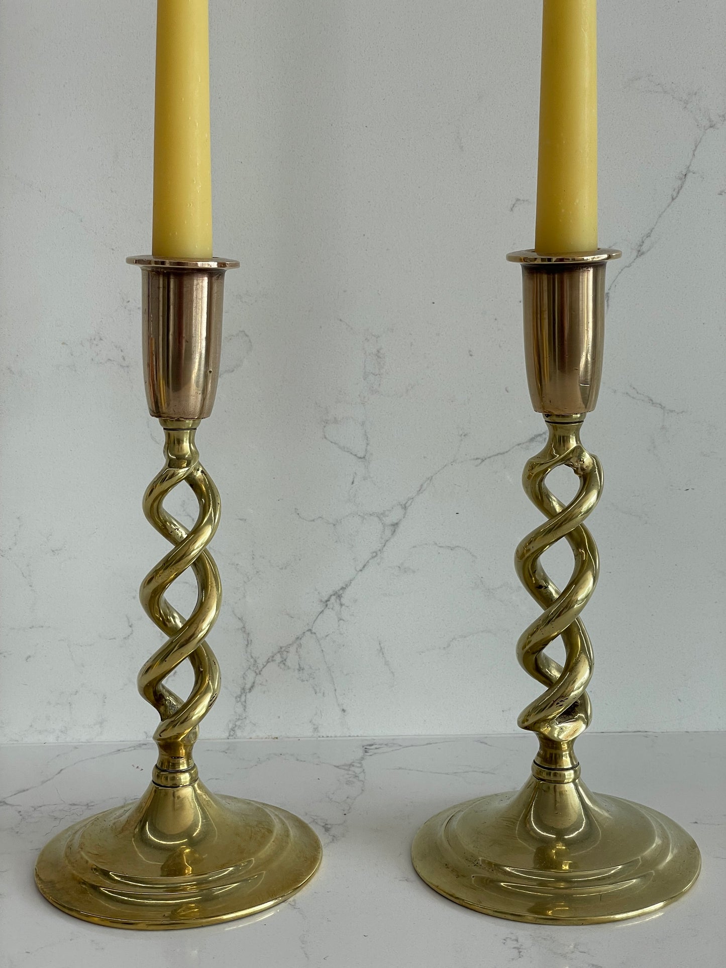 Beautiful pair of vintage brass open twist candlesticks with beeswax dinner candle gift set, Ornate brass décor, Candlelight, Christmas gift