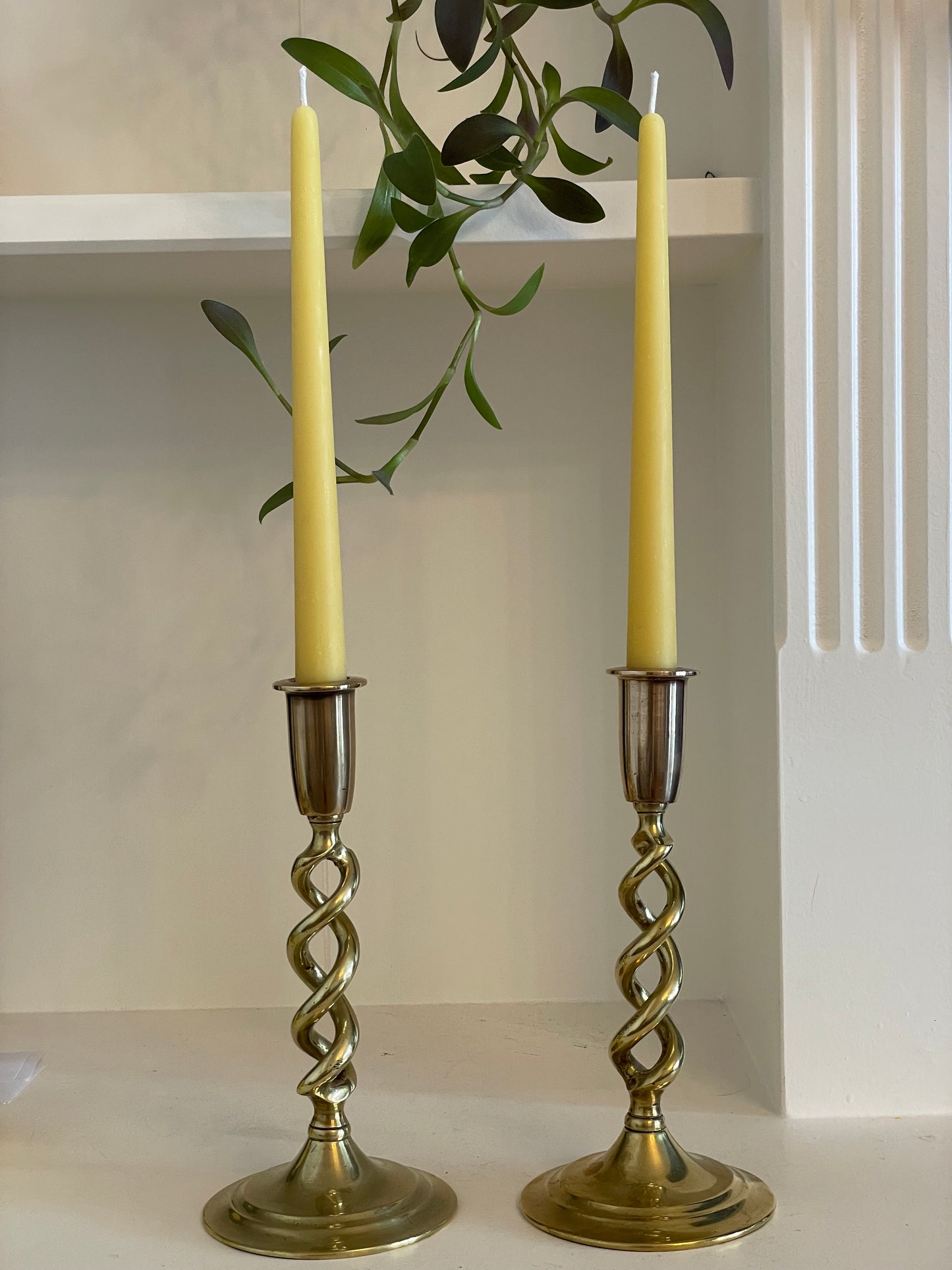 Beautiful pair of vintage brass open twist candlesticks with beeswax dinner candle gift set, Ornate brass décor, Candlelight, Christmas gift