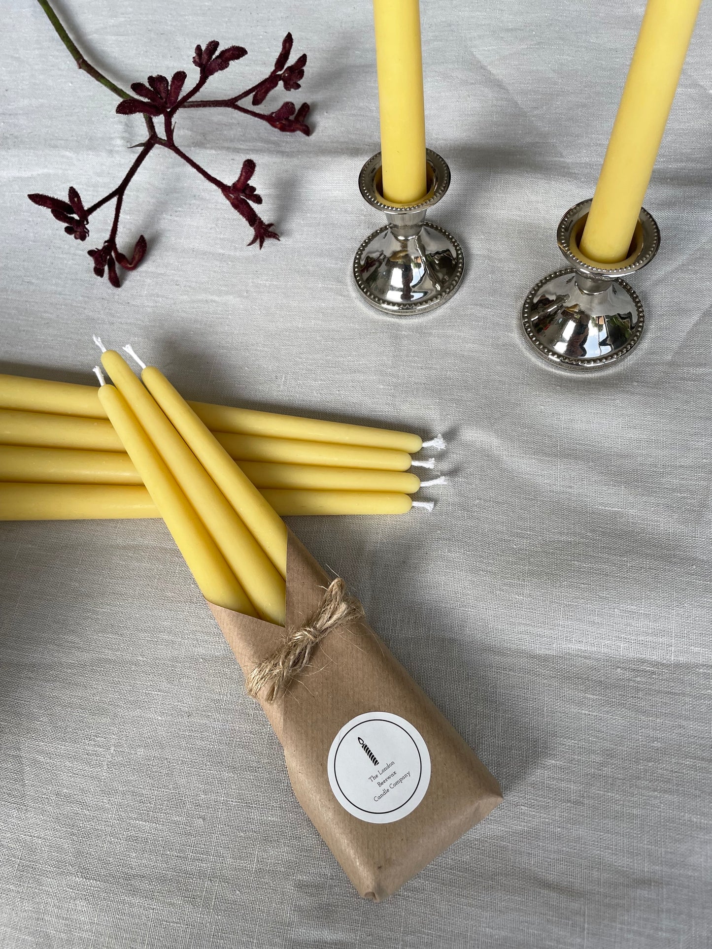 Pair of handmade pure beeswax long burning dinner candles, Non-drip tapers, Eco-friendly candles, Naturally fragrant, Candles made from 100% pure beeswax sourced from small-scale London beekeepers