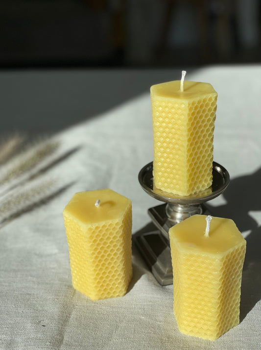 Pure beeswax hexagon pillar candles with eco-cotton wicks, Candles made from 100% pure beeswax sourced from small-scale London beekeepers, Hand-poured eco-friendly candle gift, Biodegradable gift wrappings
