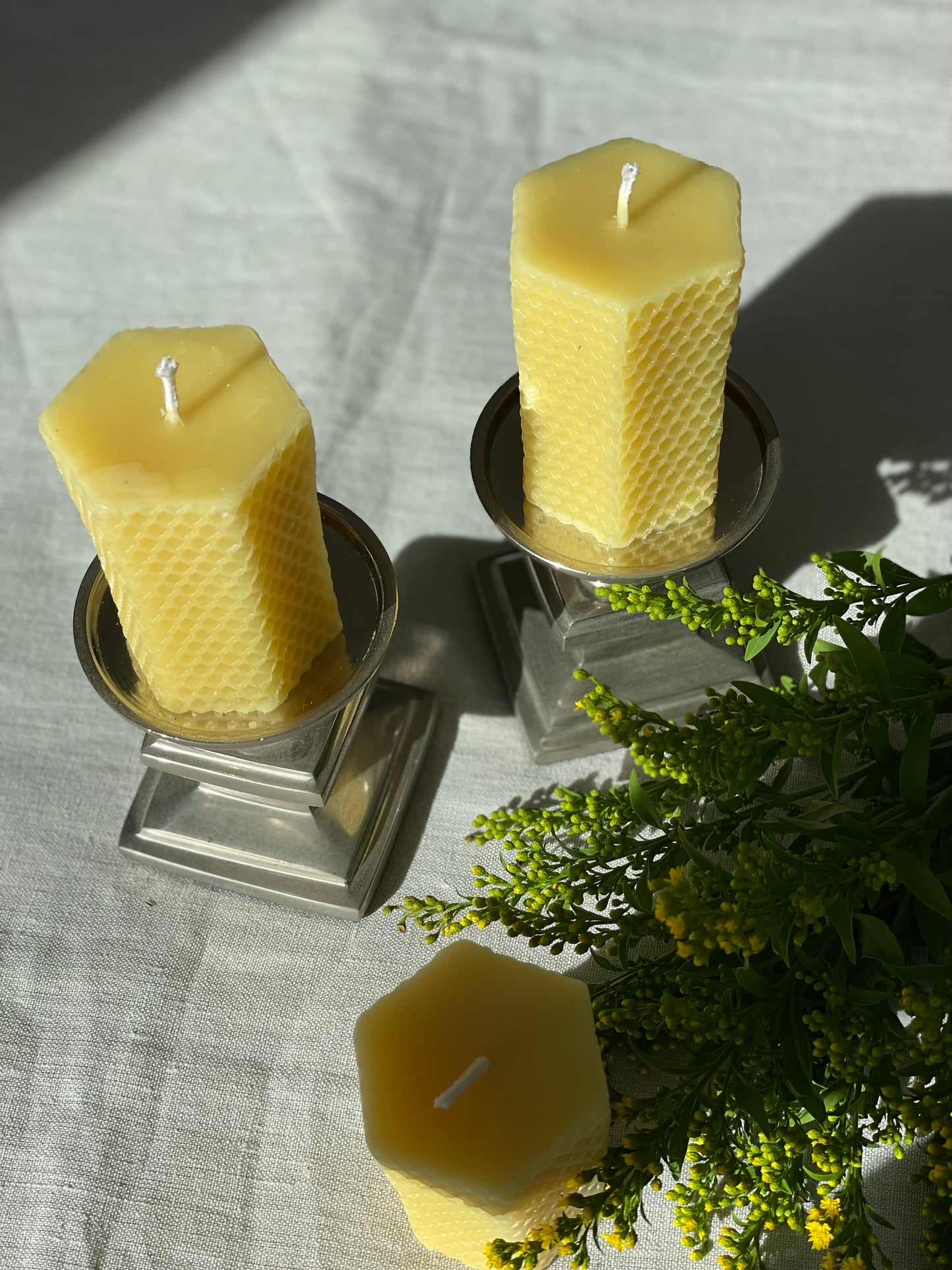 Pure beeswax hexagon pillar candles with eco-cotton wicks, Candles made from 100% pure beeswax sourced from small-scale London beekeepers, Hand-poured eco-friendly candle gift, Biodegradable gift wrappings