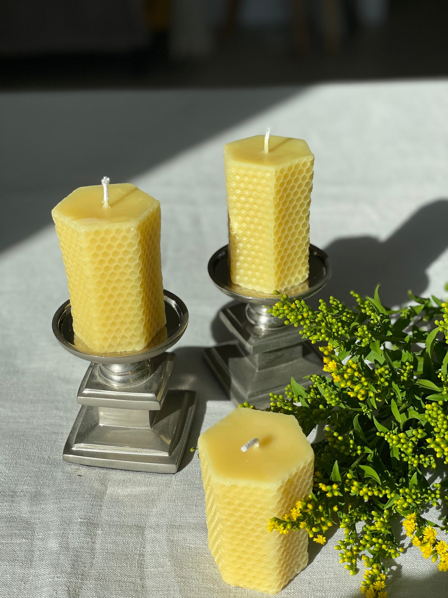 Pure beeswax hexagon pillar candles with eco-cotton wicks, Candles made from 100% pure beeswax sourced from small-scale London beekeepers, Hand-poured eco-friendly candle gift, Biodegradable gift wrappings