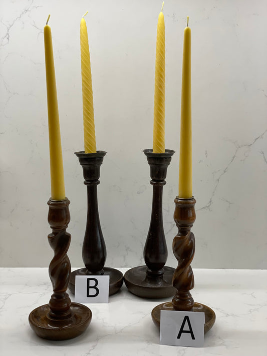 Two beautiful pairs of vintage hand turned oak candlesticks. Barley twist and baluster column style candlesticks with dinner candle gift set. Eco beeswax candle gift. Unique gift set. Vintage oak and brass candle sticks. Mantel candlesticks.