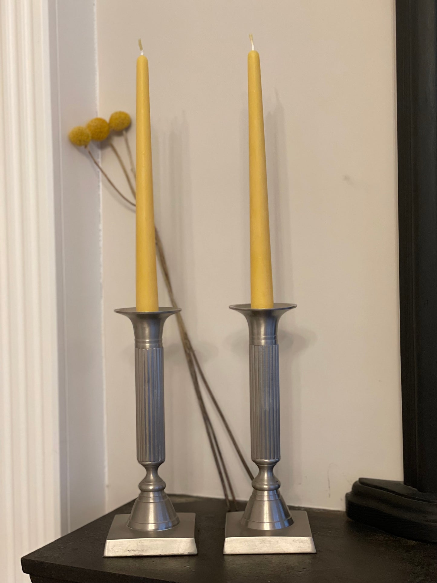 Stunning pair of 1980's solid pewter column candlesticks with two pure London beeswax taper candles. Square based candlesticks. Unique candle gift set