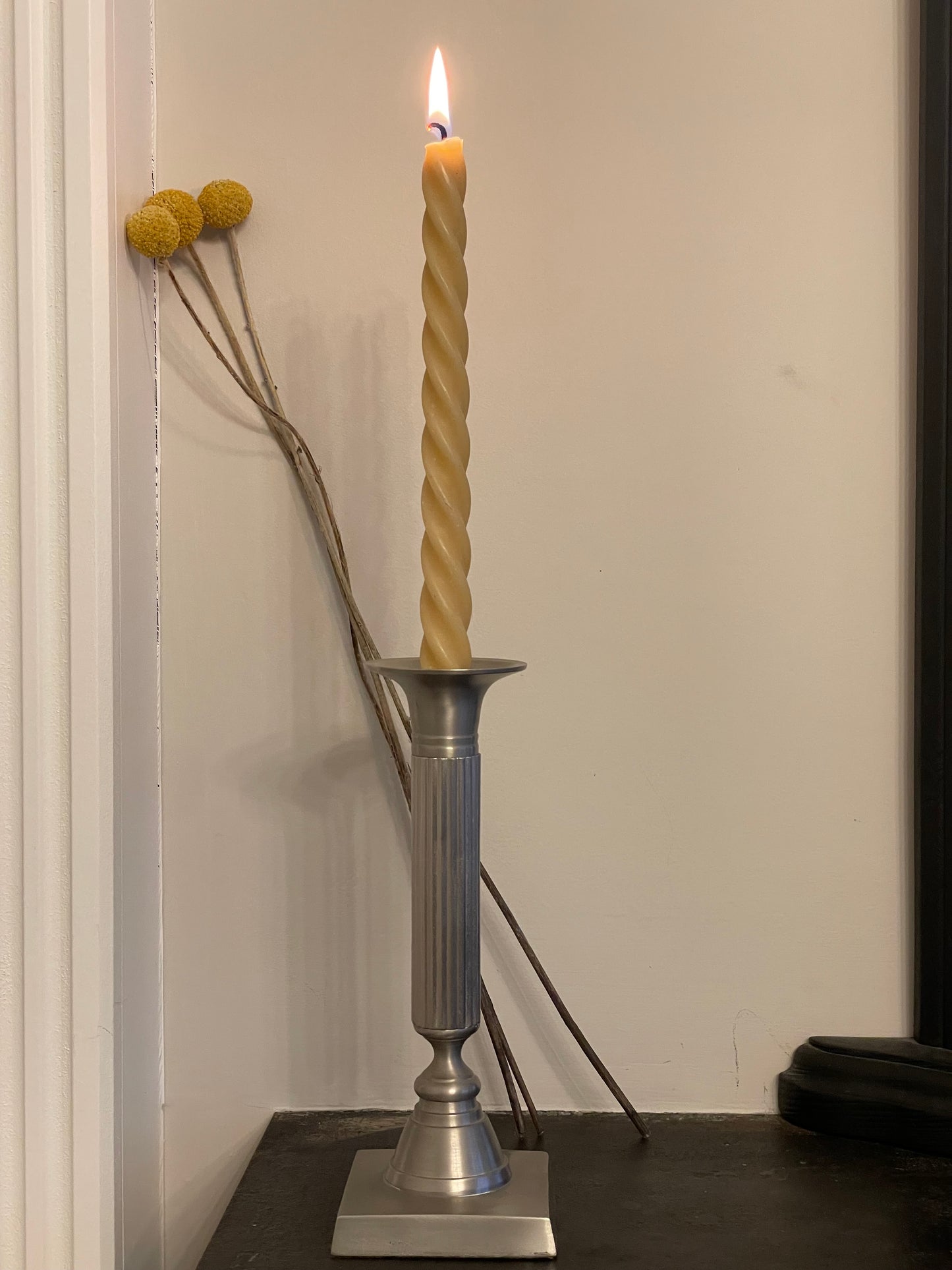 Stunning pair of 1980's solid pewter column candlesticks with two pure London beeswax taper candles. Square based candlesticks. Unique candle gift set