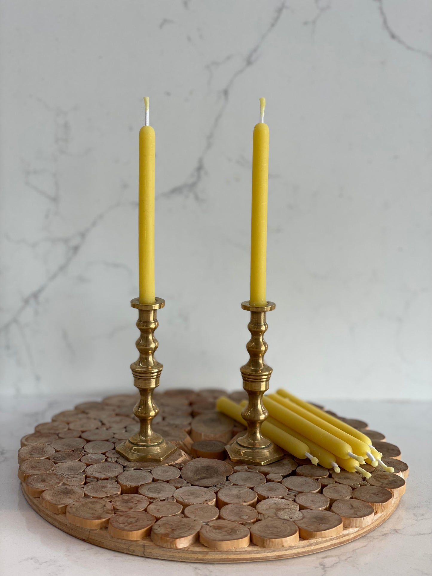 A beautiful pair of vintage brass mini (7cm) candlestick holders with 10 matching petite pure beeswax dinner candle gift set, Vintage brass decor, Thin beeswax taper candles, Hygge