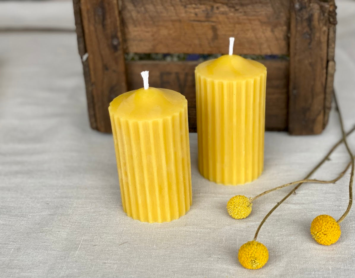 Pure beeswax fluted pillar candles, Candles made from 100% pure beeswax sourced from small-scale London beekeepers