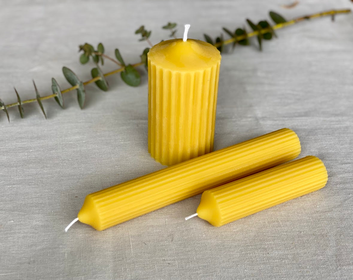 Pure beeswax fluted pillar candles, Candles made from 100% pure beeswax sourced from small-scale London beekeepers