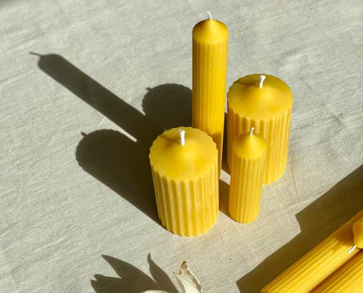 Pure beeswax fluted pillar candles, Candles made from 100% pure beeswax sourced from small-scale London beekeepers