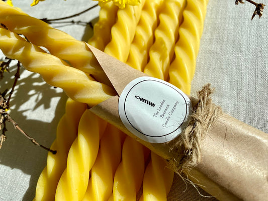 Pure beeswax spiral dinner candles, Candles made from 100% pure beeswax sourced from small-scale London beekeepers, Naturally fragrant, Eco-friendly candles